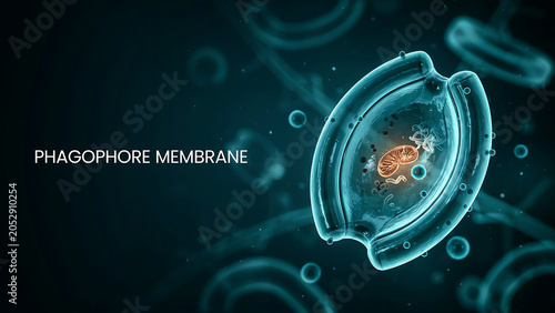 Phagophore membrane structure with mitochondria and other cellular components inside a cell  biological process illustration