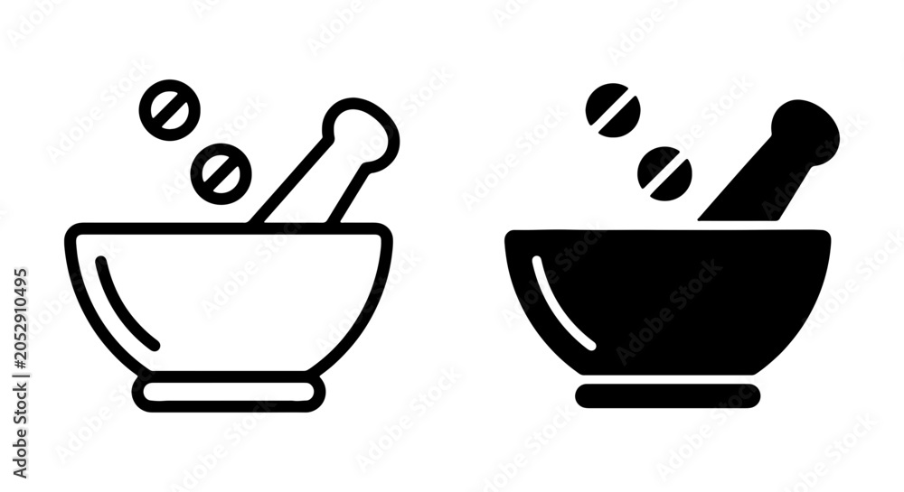 Fototapeta premium Mortar and Pestle Icons, Pharmaceutical Grinding Tools, Medicine Preparation Vector Set