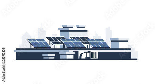 Modern building with solar panels on roof, urban skyline background, clean energy concept