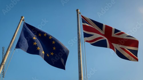 European Union and United Kingdom Flags Waving in the wind