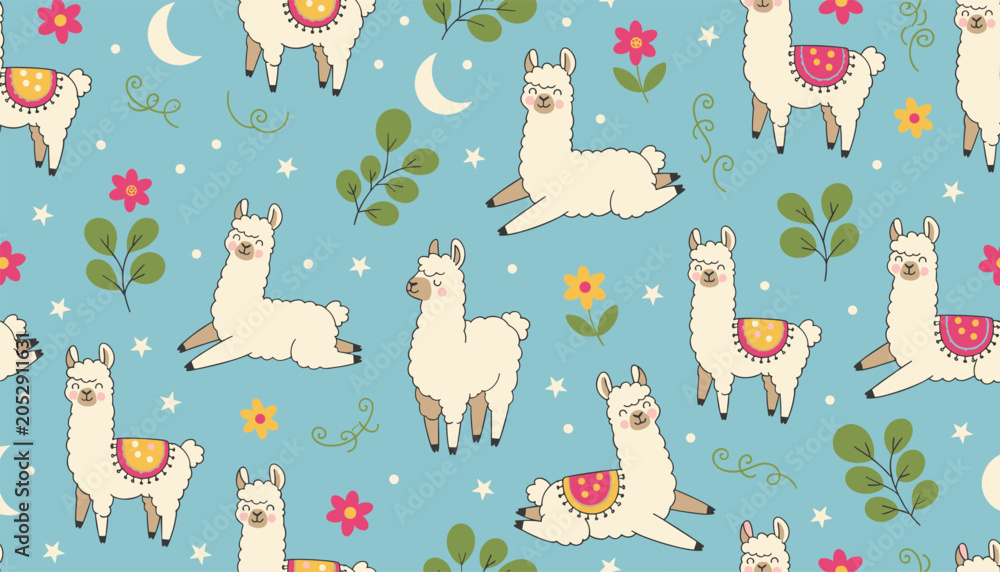 Naklejka premium Seamless pattern featuring cute cartoon llamas, flowers, leaves, stars, and crescent moons on a soft blue background.