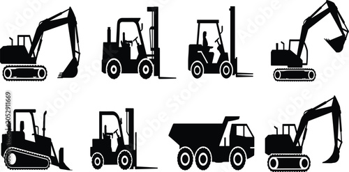 Photos Construction, machinery, silhouettes, set, excavator, forklift, dump, truck, bul