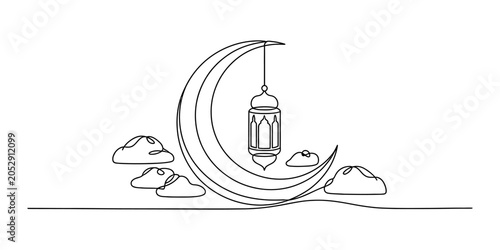 фотографія Continuous single line drawing of a crescent moon and hanging traditional lanter