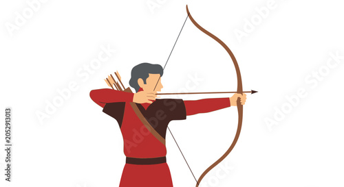 Quadro su tela Archer aiming bow and arrow, athletic stance, focus, sport, traditional clothing