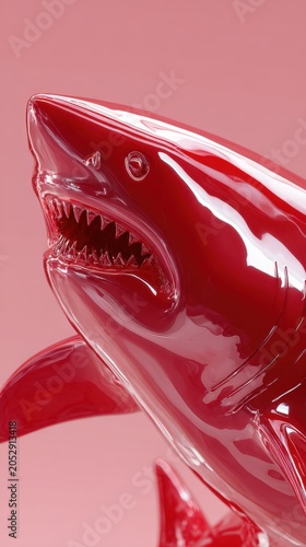 Shiny red stylized shark model with fierce open jaws and detailed teeth isolated on soft pink background for creative design concepts