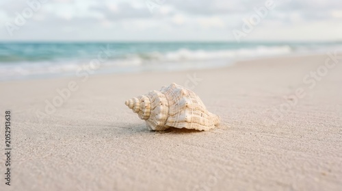 A solitary seashell rests on a pristine sandy beach with gentle waves in the background, evoking tranquility and summer vacation.