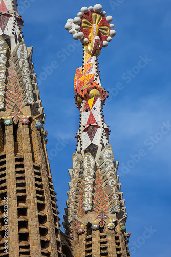 Architectural fragments of La Sagrada Familia - impressive cathedral designed by Gaudi, which is being built since 19 March 1882. BARCELONA, SPAIN.