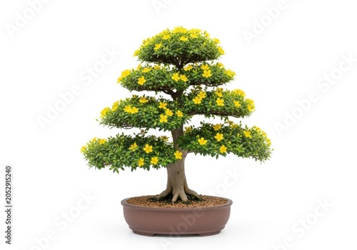 Bonsai tree with green leaves and yellow fruits in a pot isolated on white background
