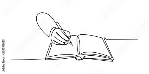 Continuous single line drawing of a person hand writing with a pen in an open notebook diary or journal for education and creative ideas and business note Vector, illustration