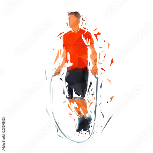 Man jumping rope in a low poly vector illustration, isolated on white background. Fitness, cardio workout, exercise and active lifestyle concept.