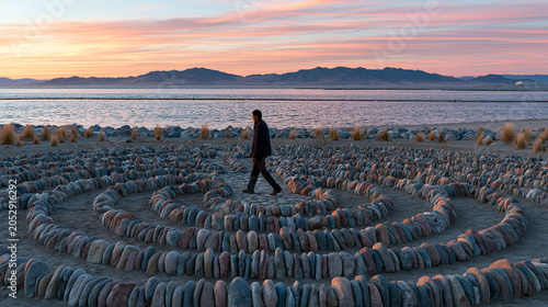 Serene Beach Labyrinth at Sunset: Tranquil Journey and Meditation on the Coastline