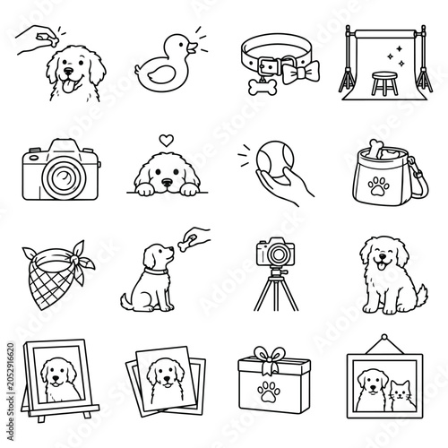 Pet Photography Line Art Icon Set. Adorable canine graphics illustrating the joyous bond through professional portraits Features studio gear snacks and playthings