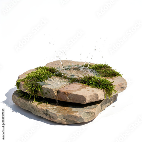A podium of natural flat stones and green forest moss. Realistic splashes of soft water