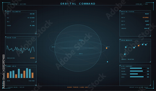 Photos Futuristic digital orbital command interface with data visualization and satelli