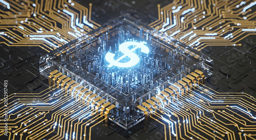 digital currency concept with dollar sign and circuit board 3d render