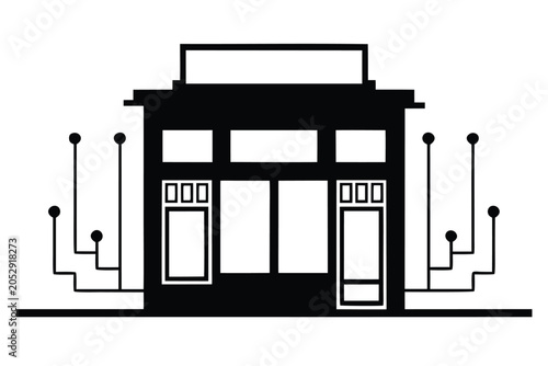Dark storefront silhouette with futuristic tech elements, symbolizing advanced digital commerce.