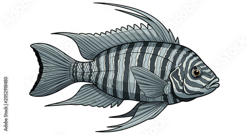 Bild auf Leinwand Detailed illustration of a striped cichlid fish shows its unique fin patterns and scales as a popular aquarium specimen