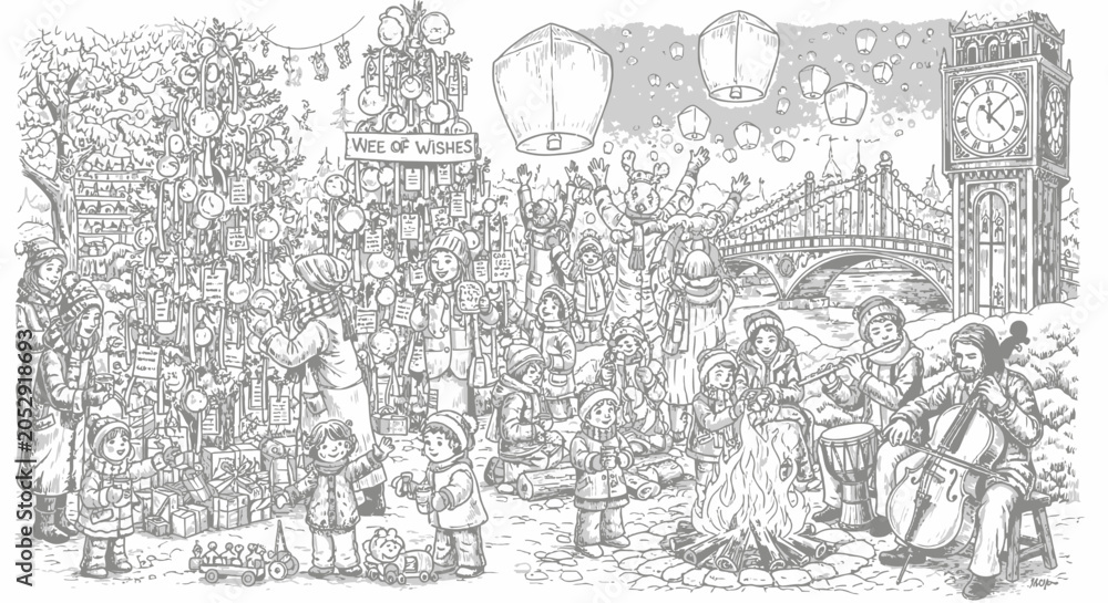 Obraz premium Detailed winter night market line art with city backdrop.