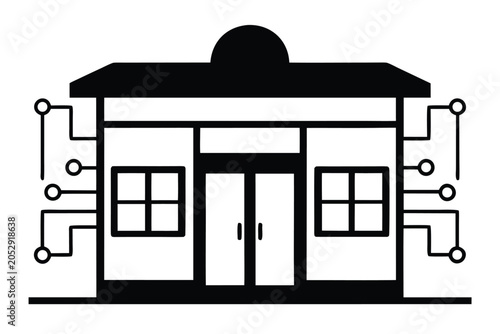 Futuristic Storefront Silhouette with Digital Overlay, Modern Tech Design, Black and White