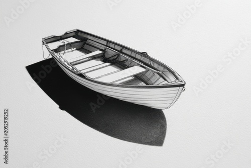 Small wooden rowboat casting a stark shadow on a plain white surface creating a minimalistic and artistic black and white composition with strong contrasts