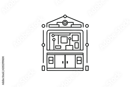 Futuristic Storefront Silhouette with Overlay, Digital Tech Elements, Monochrome