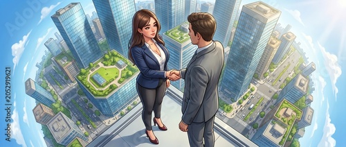 Business partners shaking hands in modern high-rise office with city skyline view