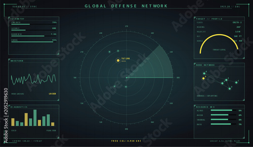 Futuristic digital radar interface with data visualization and global defense network hud vector illustration