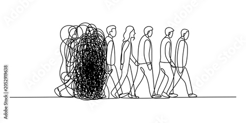 Cuadro en lienzo Group of people walking in a line, one person is a chaotic scribble, representin