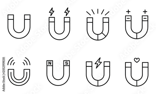 Foto Eight black line icons depicting various types of magnets and magnetic fields