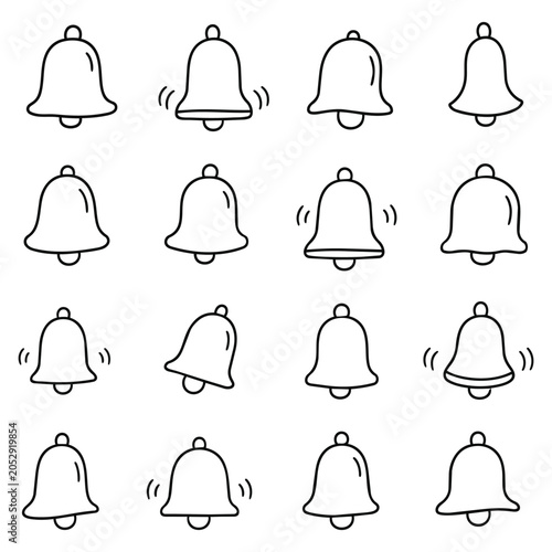 Doodle Bell Alert Line Art Collection. Minimalist sketch variety of chimes represent signals and reminders for digital messages or school alarms to get attention