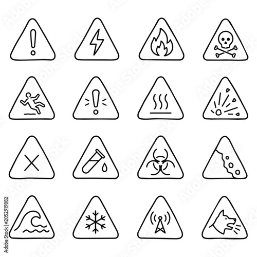 Warning Hazard Safety Sign Icons Set. Collection of sketchy alert symbols representing industrial peril like flame electric shock toxic poison and slippery surfaces