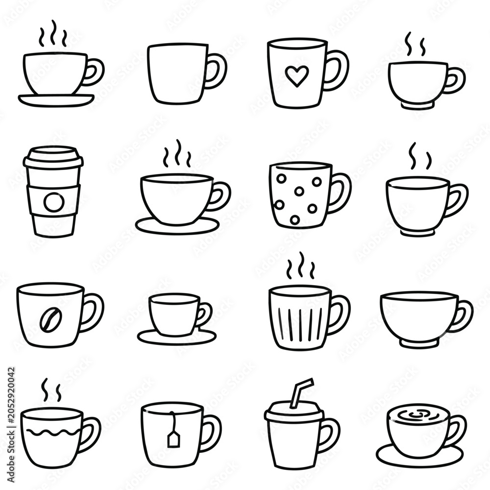 Fototapeta premium Minimalist Beverage Cup Illustrations. Diverse hand drawn mug sketches representing morning warmth and caffeine rituals through simple doodle art depicting cozy comfort.