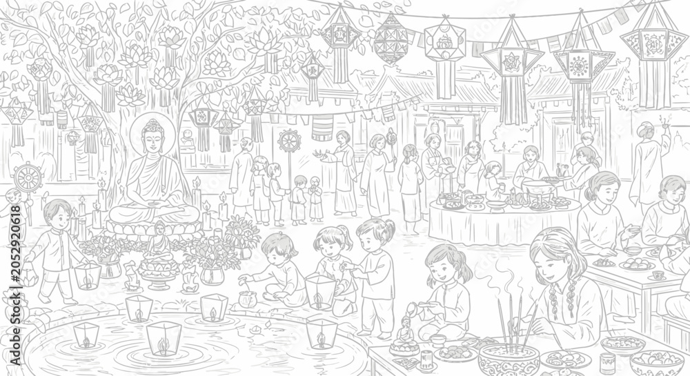 Obraz premium Intricate line art of a crowded Buddhist festival celebration.