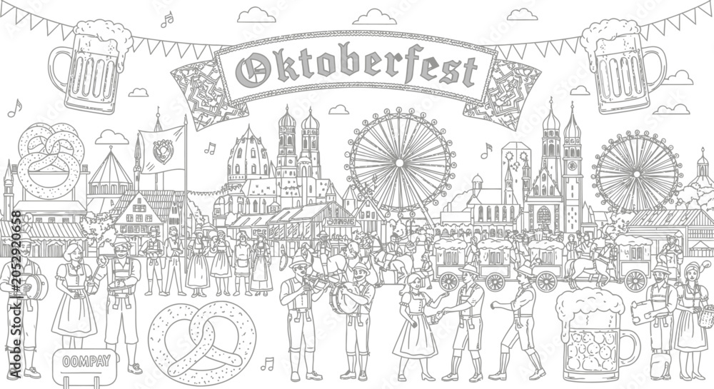 Obraz premium Oktoberfest beer festival panoramic line art celebration scene.