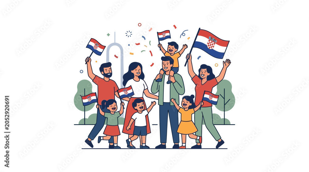 Fototapeta premium Happy Croatian Family Celebrating with Flags and Confetti