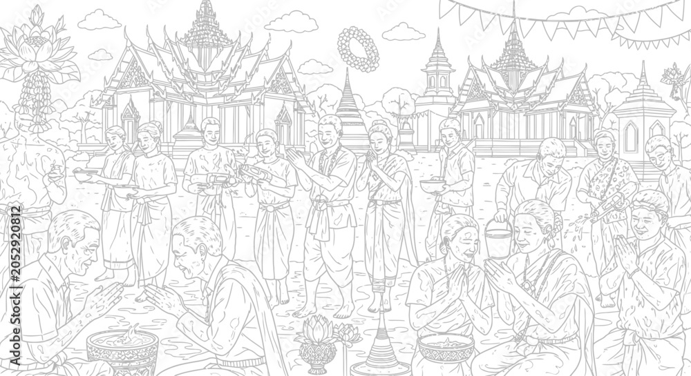 Obraz premium Detailed line art of Songkran water festival in Thailand.