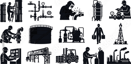 Foto Industrial, refinery, icon, set, oil, gas, vector, factory, worker, welding, pip