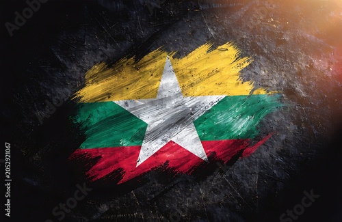 Grunge Painted Myanmar Flag With White Star Brushstroke On Dark Textured Background