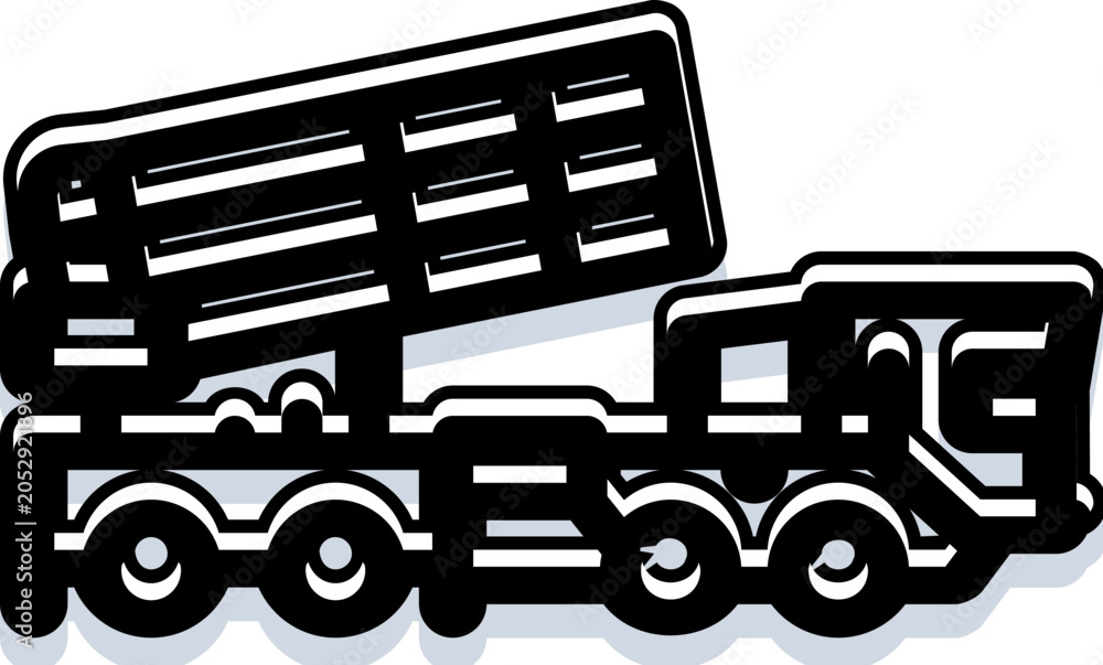 Fototapeta premium Military truck icon depicting a multiple rocket launcher, symbolizing concepts of heavy artillery, army power, security, and modern warfare, ready for deployment