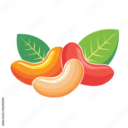 Flat design illustration of cashew nuts with leaves