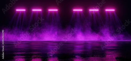 Light beams shine through fog over a shiny surface at a night event with purple tones and reflections