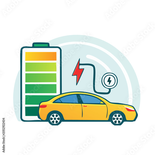 Yellow electric car charging with battery icon