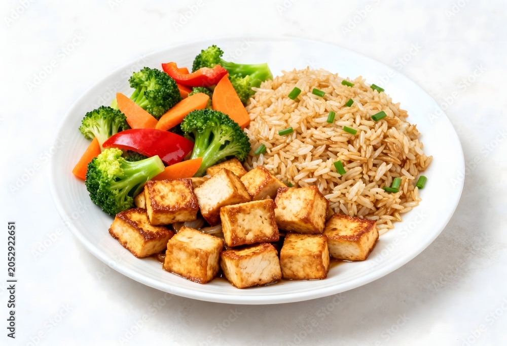 Fototapeta premium Healthy chinese platter with fried rice tofu and stir fried vegetables traditional vegetables