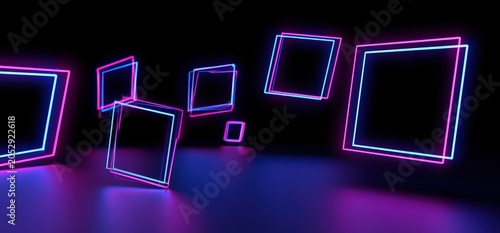 Neon shapes float in dark space during a digital art display at night