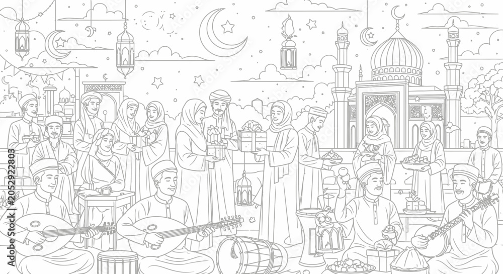 Obraz premium Crowded Eid celebration at a mosque courtyard line art.