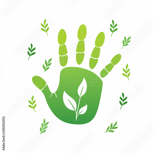 Green Handprint with Growing Plant and Leaves
