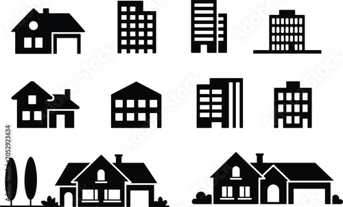 Foto Residential and Commercial Property Icons Collection Featuring Houses Buildings