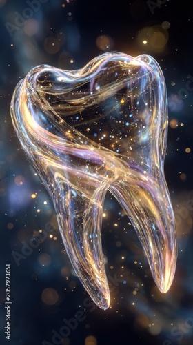 A luminous translucent tooth-shaped crystal glowing with golden sparkles against a dark sparkling bokeh background symbolizing dental health and care