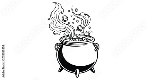 Εκτύπωση καμβά Black iron cauldron with bubbles and steam rising is shown in a stylized ink drawing for magic and fantasy themes