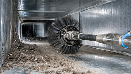 Rotating brush cleaning dirty air duct interior, dust and debris removal, industrial ventilation maintenance equipment close up detail